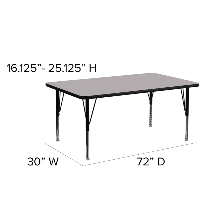 30''W x 72''L Rectangular Grey Thermal Laminate Activity Table - Height Adjustable Short Legs