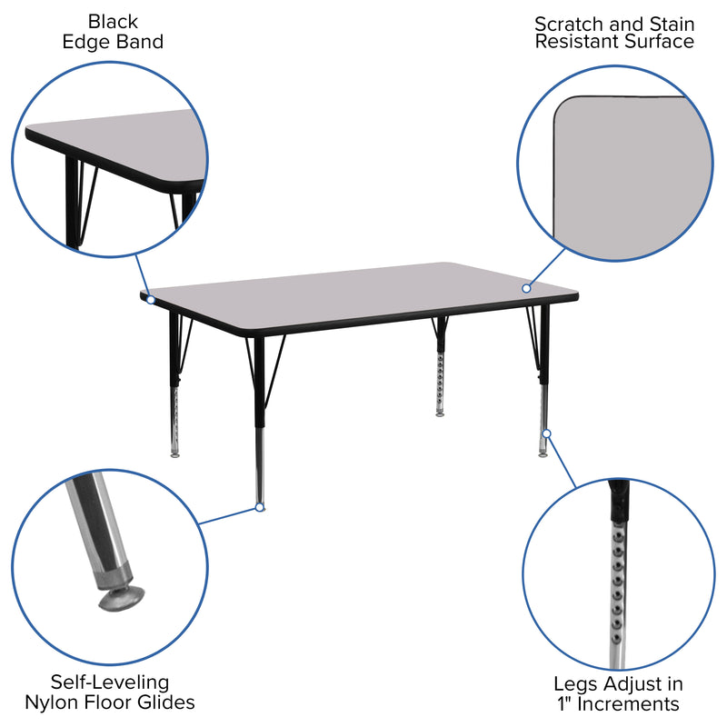 30''W x 72''L Rectangular Grey Thermal Laminate Activity Table - Height Adjustable Short Legs