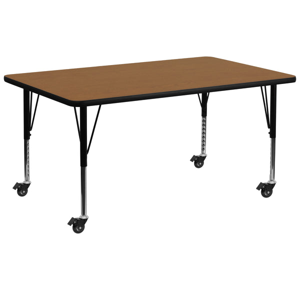 Mobile 30''W x 72''L Rectangular Oak Thermal Laminate Activity Table - Height Adjustable Short Legs