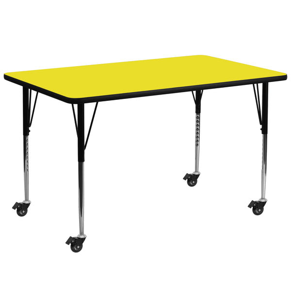 Mobile 30''W x 72''L Rectangular Yellow HP Laminate Activity Table - Standard Height Adjustable Legs