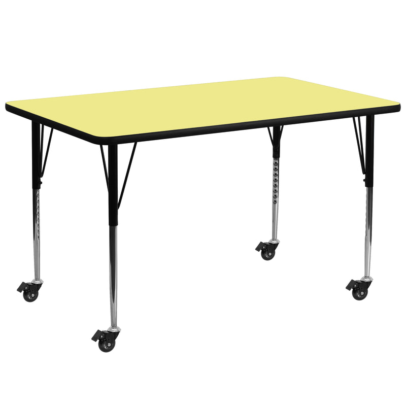 Mobile 30''W x 72''L Rectangular Yellow Thermal Laminate Activity Table - Standard Height Adjustable Legs