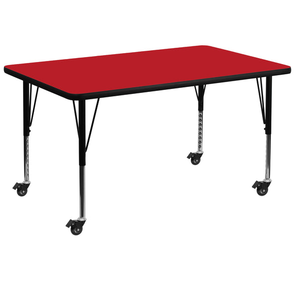 Mobile 36''W x 72''L Rectangular Red HP Laminate Activity Table - Height Adjustable Short Legs