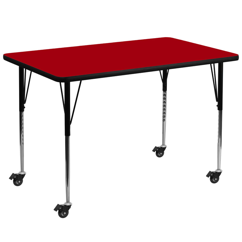 Mobile 36''W x 72''L Rectangular Red Thermal Laminate Activity Table - Standard Height Adjustable Legs