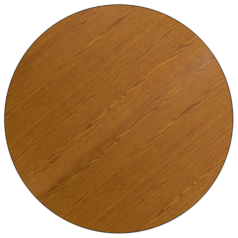 Mobile 42'' Round Oak Thermal Laminate Activity Table - Standard Height Adjustable Legs