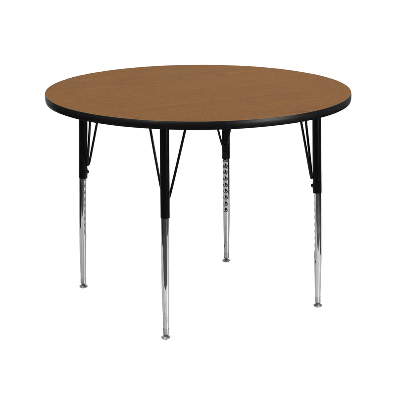 42'' Round Oak Thermal Laminate Activity Table - Standard Height Adjustable Legs