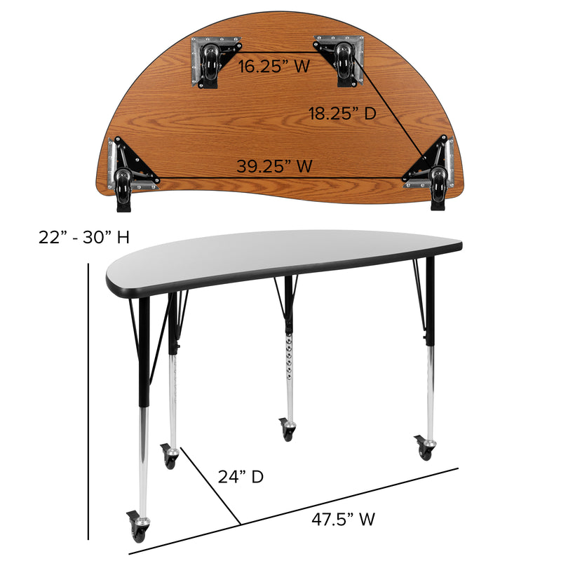 Mobile 47.5" Half Circle Wave Flexible Collaborative Grey Laminate Activity Table - Standard Height Adjustable Legs