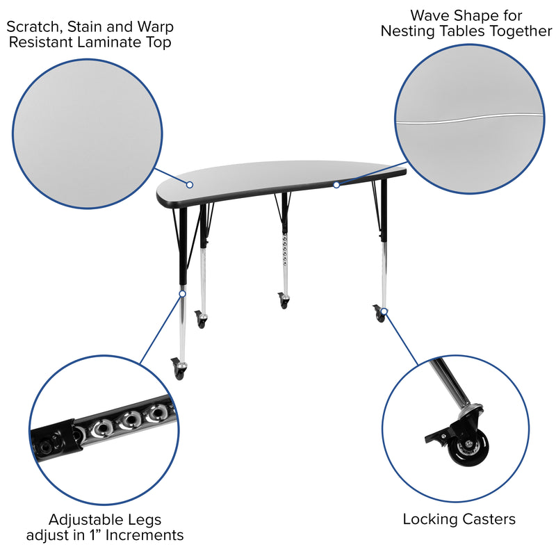 Mobile 47.5" Half Circle Wave Flexible Collaborative Grey Laminate Activity Table - Standard Height Adjustable Legs