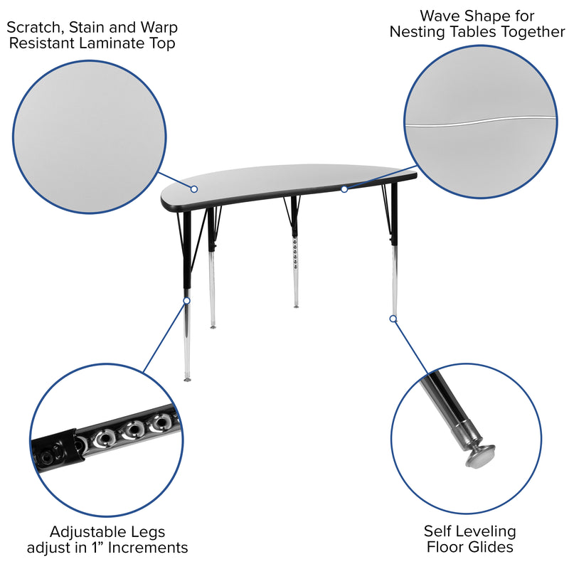 47.5" Half Circle Wave Flexible Collaborative Grey Thermal Laminate Activity Table - Standard Height Adjustable Legs