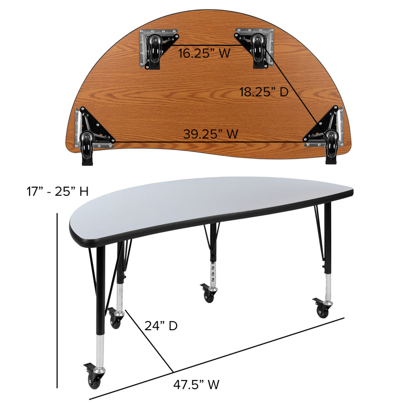 Mobile 47.5" Half Circle Wave Flexible Collaborative Grey Thermal Laminate Activity Table - Height Adjustable Short Legs