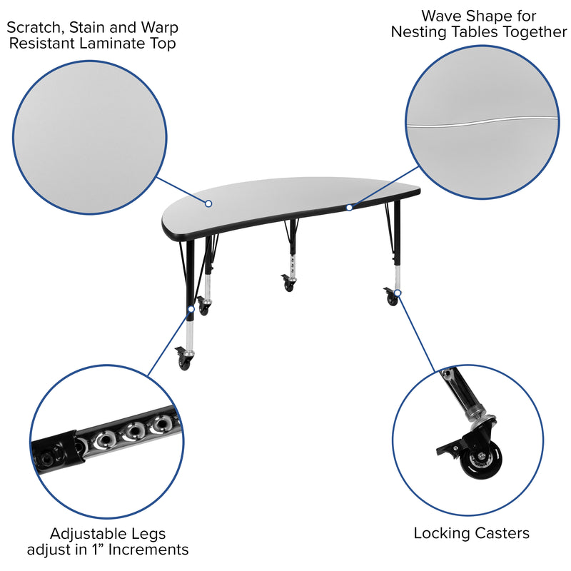 Mobile 47.5" Half Circle Wave Flexible Collaborative Grey Thermal Laminate Activity Table - Height Adjustable Short Legs