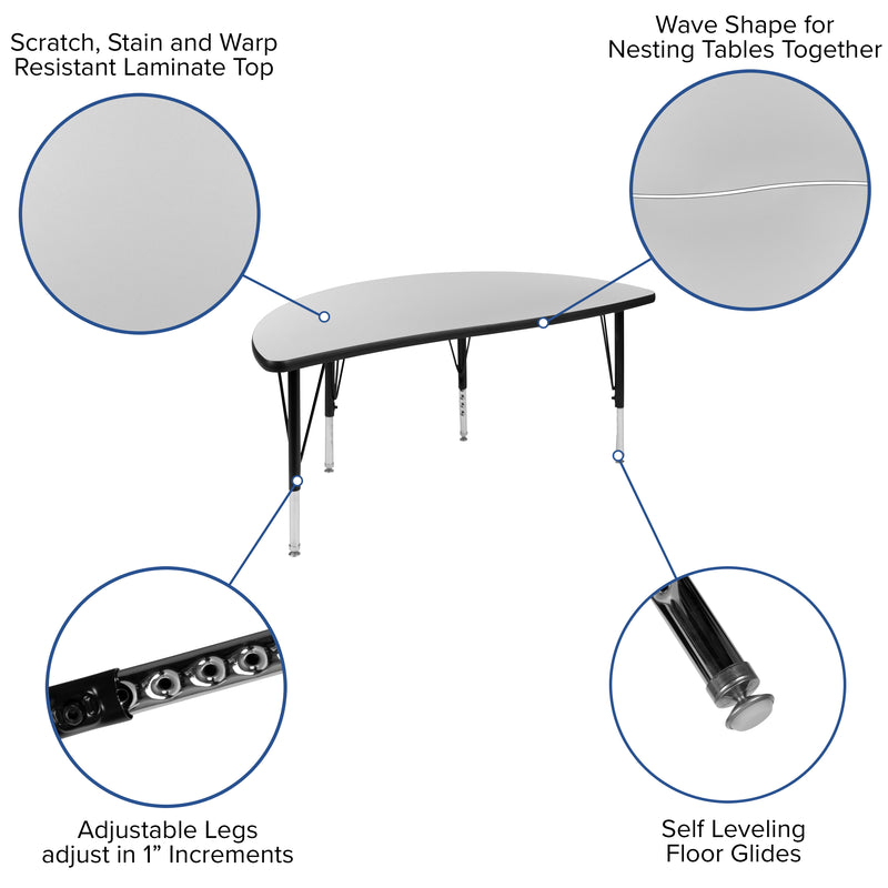 47.5" Half Circle Wave Flexible Collaborative Grey Thermal Laminate Activity Table - Height Adjustable Short Legs