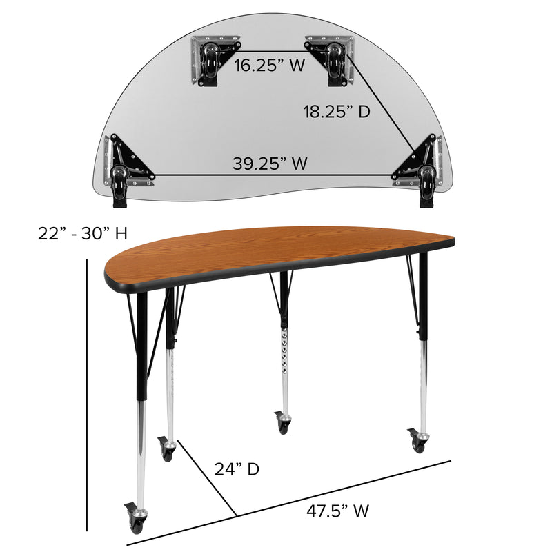 Mobile 47.5" Half Circle Wave Flexible Collaborative Oak Laminate Activity Table - Standard Height Adjustable Legs