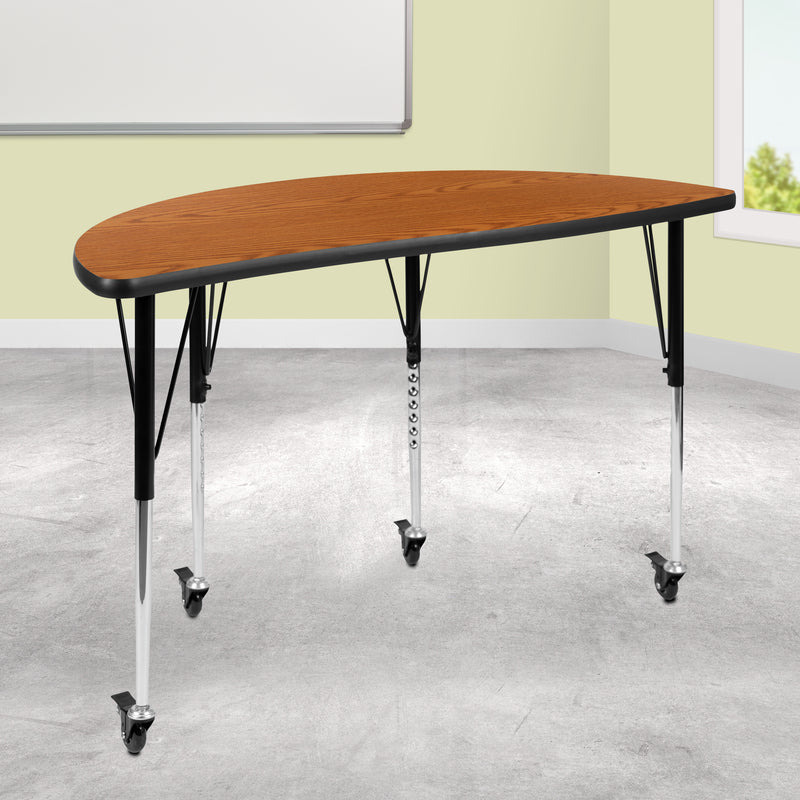 Mobile 47.5" Half Circle Wave Flexible Collaborative Oak Laminate Activity Table - Standard Height Adjustable Legs