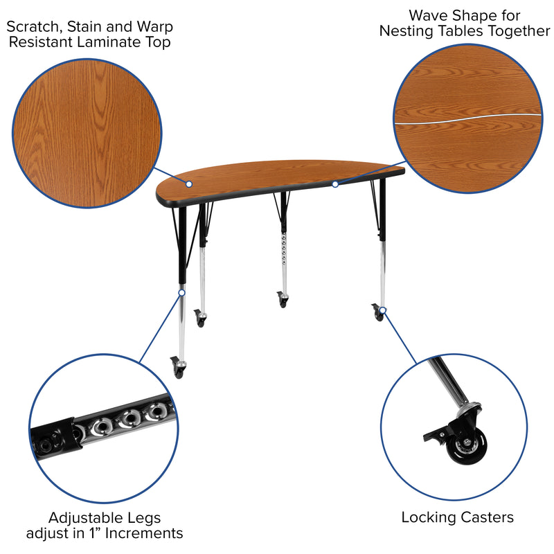 Mobile 47.5" Half Circle Wave Flexible Collaborative Oak Laminate Activity Table - Standard Height Adjustable Legs