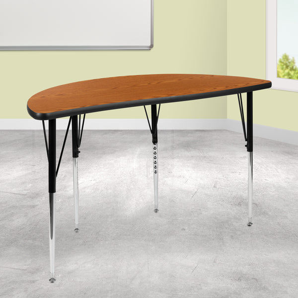 47.5" Half Circle Wave Flexible Collaborative Oak Thermal Laminate Activity Table - Standard Height Adjustable Legs