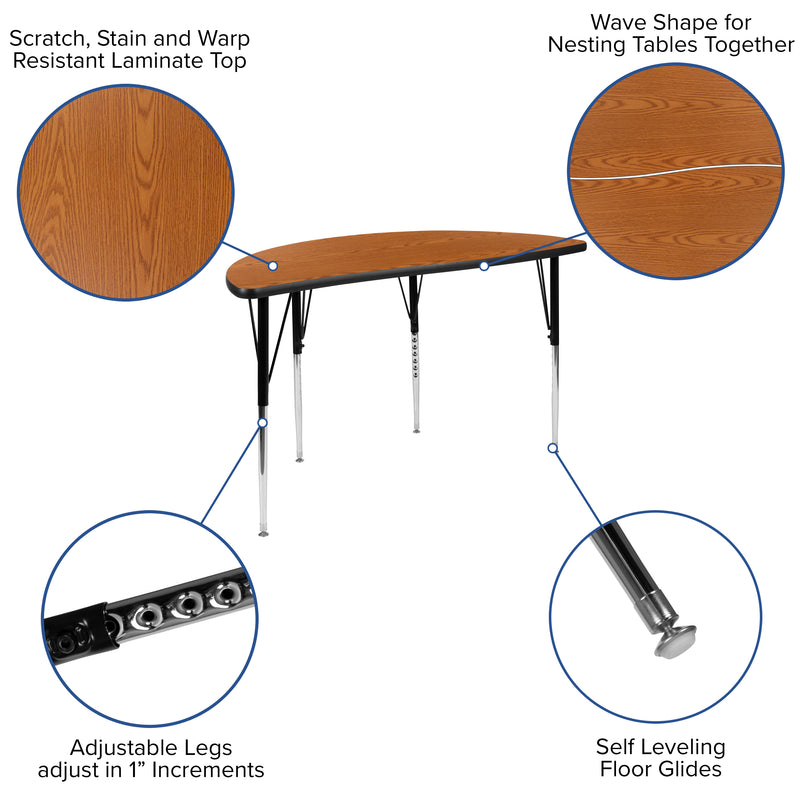 47.5" Half Circle Wave Flexible Collaborative Oak Thermal Laminate Activity Table - Standard Height Adjustable Legs