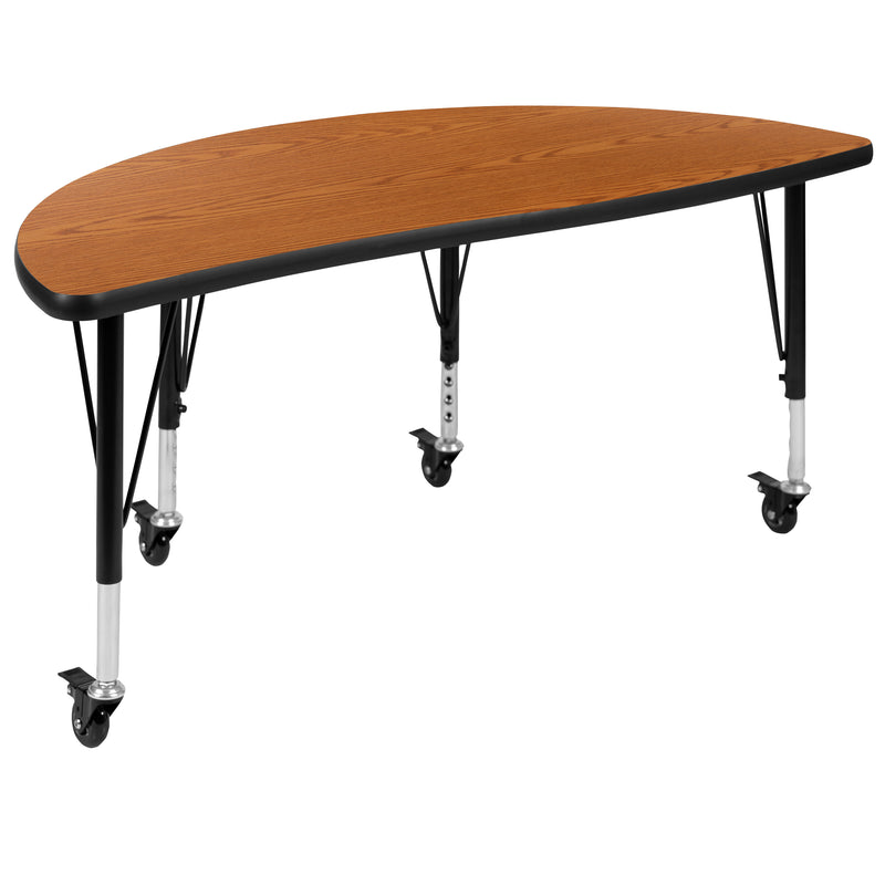 Mobile 47.5" Half Circle Wave Flexible Collaborative Oak Thermal Laminate Activity Table - Height Adjustable Short Legs