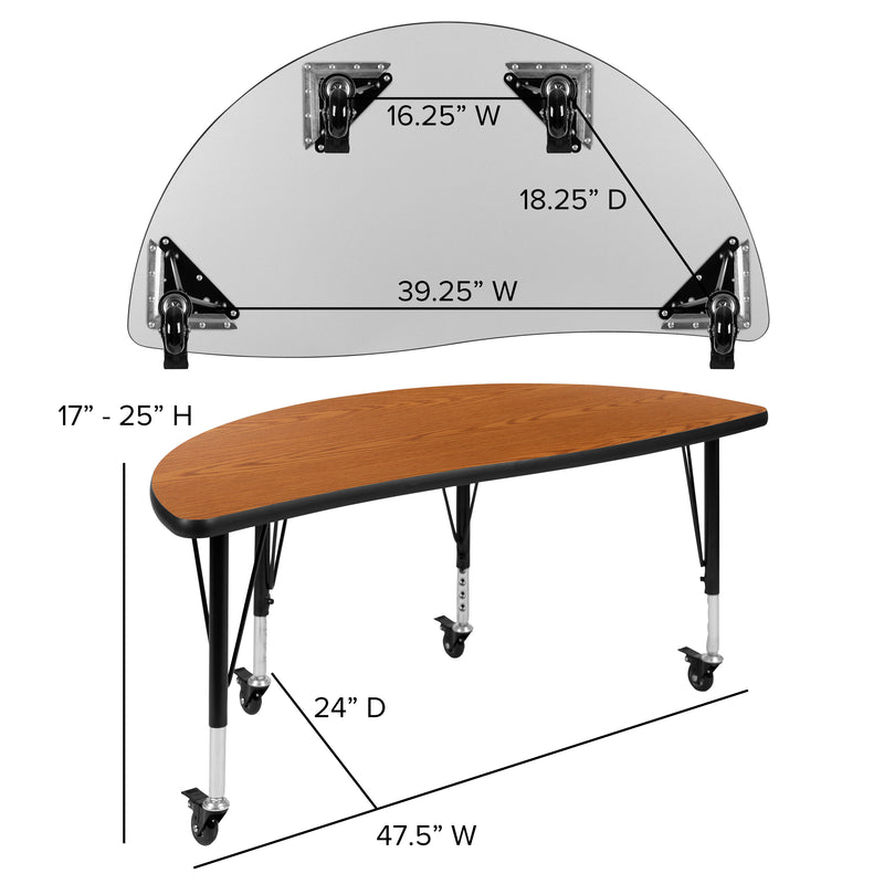 Mobile 47.5" Half Circle Wave Flexible Collaborative Oak Thermal Laminate Activity Table - Height Adjustable Short Legs