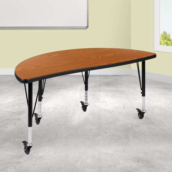 Mobile 47.5" Half Circle Wave Flexible Collaborative Oak Thermal Laminate Activity Table - Height Adjustable Short Legs