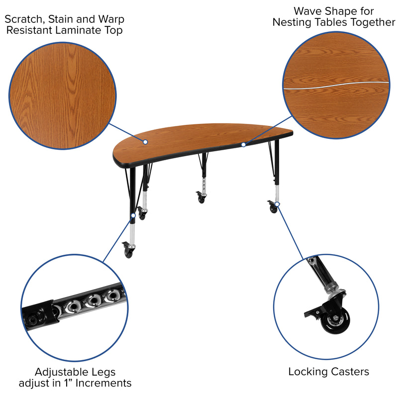 Mobile 47.5" Half Circle Wave Flexible Collaborative Oak Thermal Laminate Activity Table - Height Adjustable Short Legs