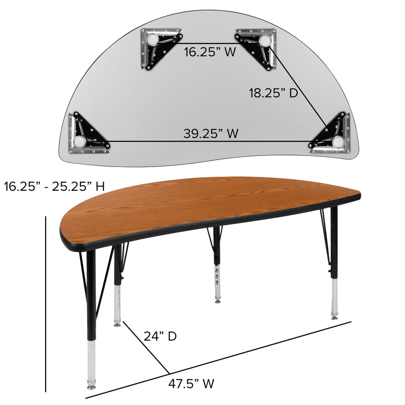 47.5" Half Circle Wave Flexible Collaborative Oak Thermal Laminate Activity Table - Height Adjustable Short Legs