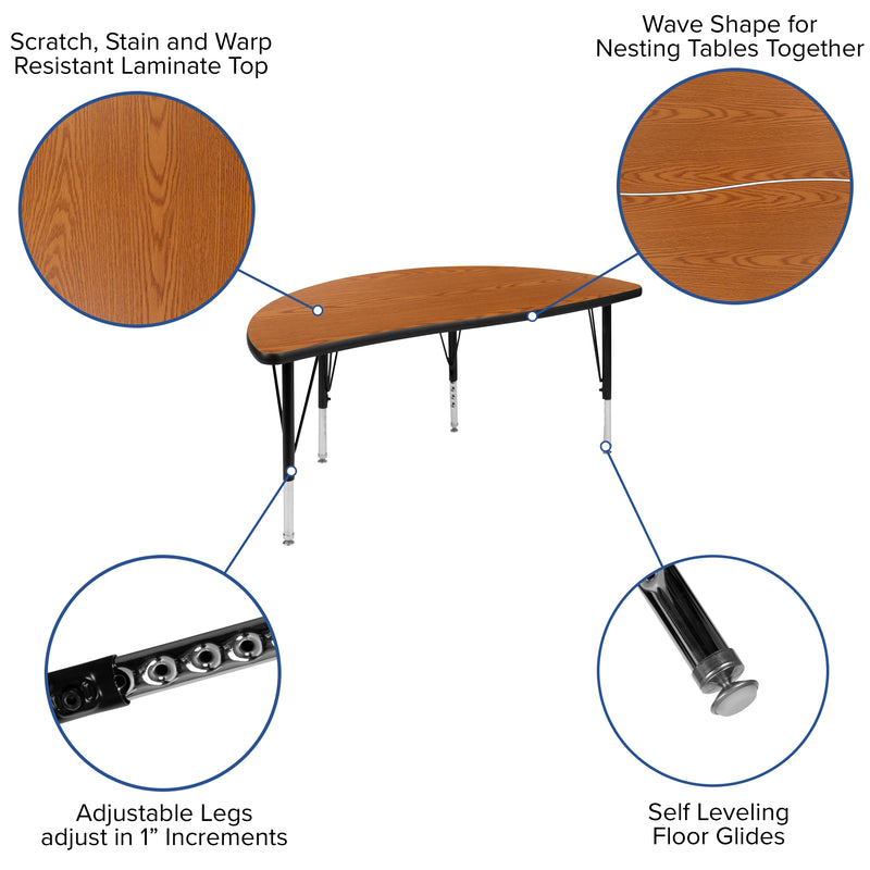 47.5" Half Circle Wave Flexible Collaborative Oak Thermal Laminate Activity Table - Height Adjustable Short Legs