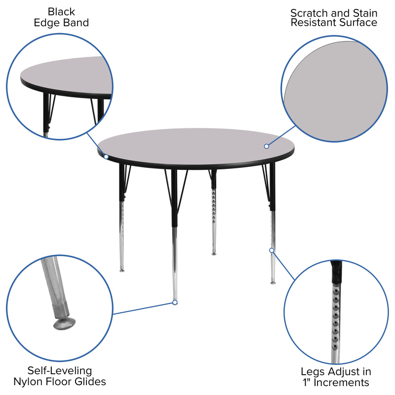 48'' Round Grey Thermal Laminate Activity Table - Standard Height Adjustable Legs