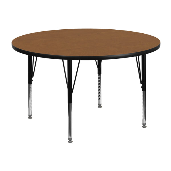 48'' Round Oak Thermal Laminate Activity Table - Height Adjustable Short Legs