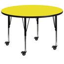 Mobile 48'' Round Yellow HP Laminate Activity Table - Height Adjustable Short Legs