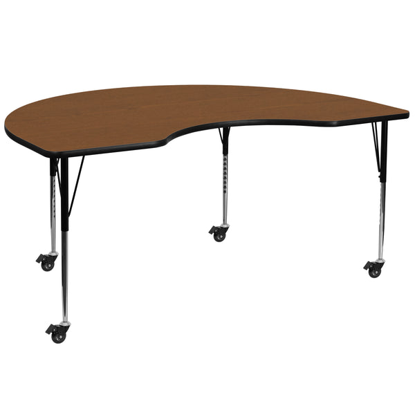 Mobile 48''W x 72''L Kidney Oak HP Laminate Activity Table - Standard Height Adjustable Legs