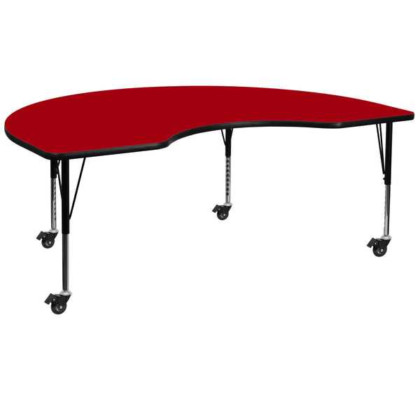 Mobile 48''W x 72''L Kidney Red Thermal Laminate Activity Table - Height Adjustable Short Legs