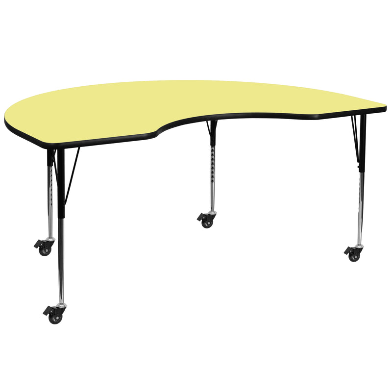 Mobile 48''W x 72''L Kidney Yellow Thermal Laminate Activity Table - Standard Height Adjustable Legs