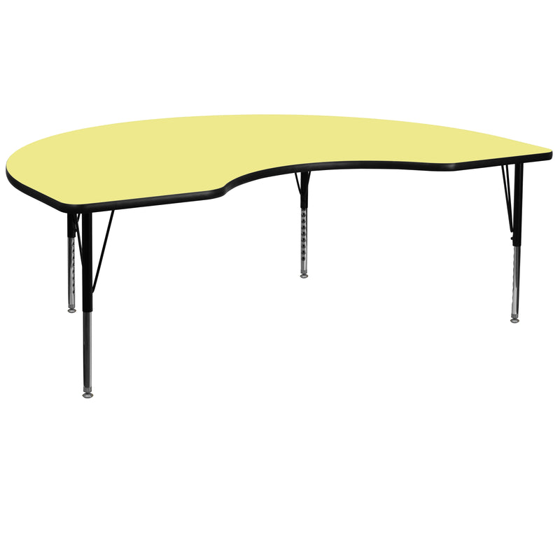 48''W x 72''L Kidney Yellow Thermal Laminate Activity Table - Height Adjustable Short Legs