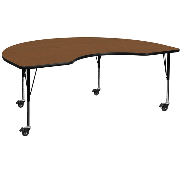 Mobile 48''W x 96''L Kidney Oak HP Laminate Activity Table - Height Adjustable Short Legs