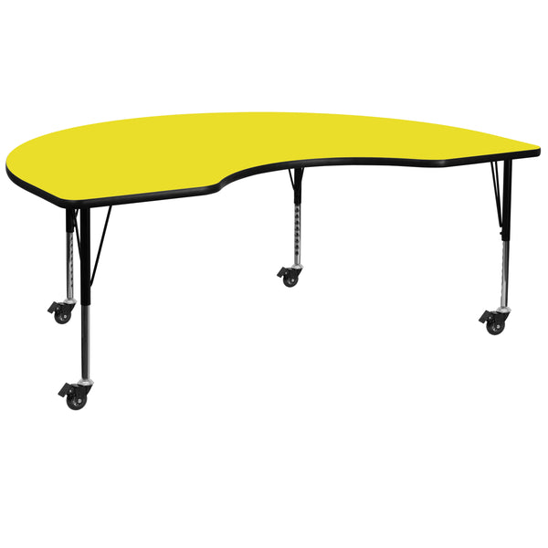 Mobile 48''W x 96''L Kidney Yellow HP Laminate Activity Table - Height Adjustable Short Legs