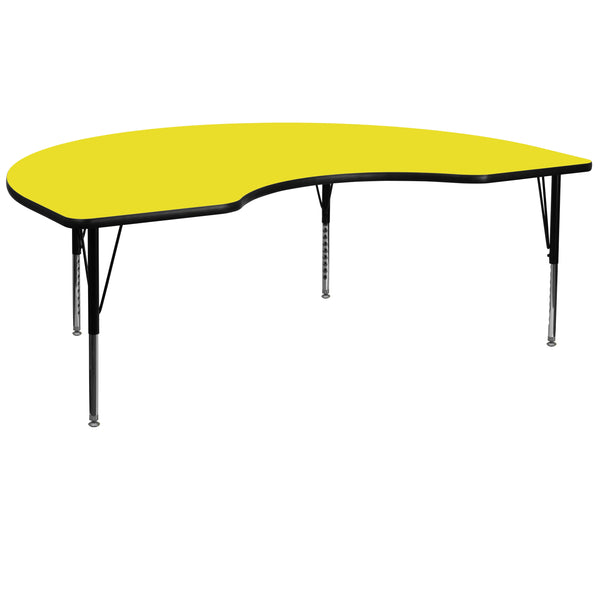 48''W x 96''L Kidney Yellow HP Laminate Activity Table - Height Adjustable Short Legs