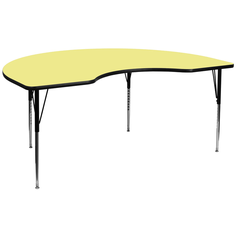 48''W x 96''L Kidney Yellow Thermal Laminate Activity Table - Standard Height Adjustable Legs