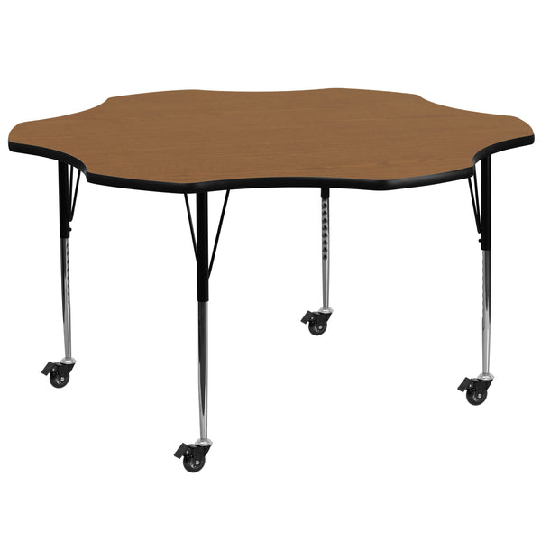 Mobile 60'' Flower Oak Thermal Laminate Activity Table - Standard Height Adjustable Legs