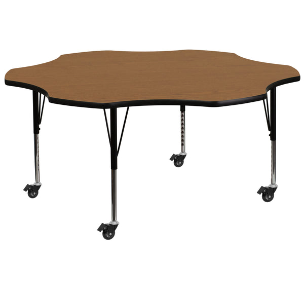 Mobile 60'' Flower Oak Thermal Laminate Activity Table - Height Adjustable Short Legs