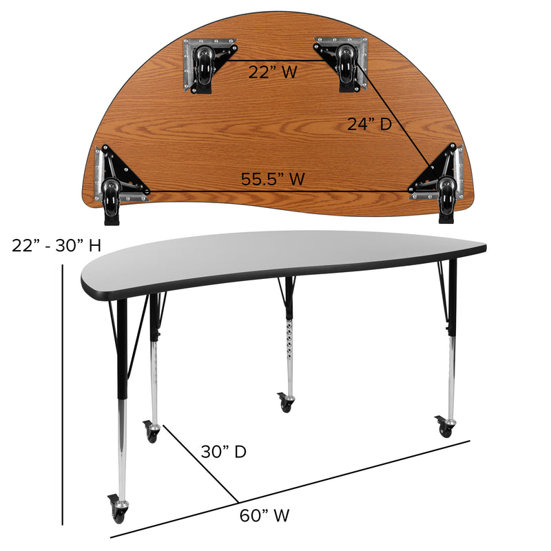 Mobile 60" Half Circle Wave Flexible Collaborative Grey Thermal Laminate Activity Table - Standard Height Adjustable Legs