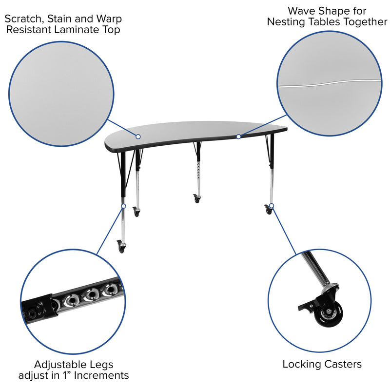 Mobile 60" Half Circle Wave Flexible Collaborative Grey Thermal Laminate Activity Table - Standard Height Adjustable Legs