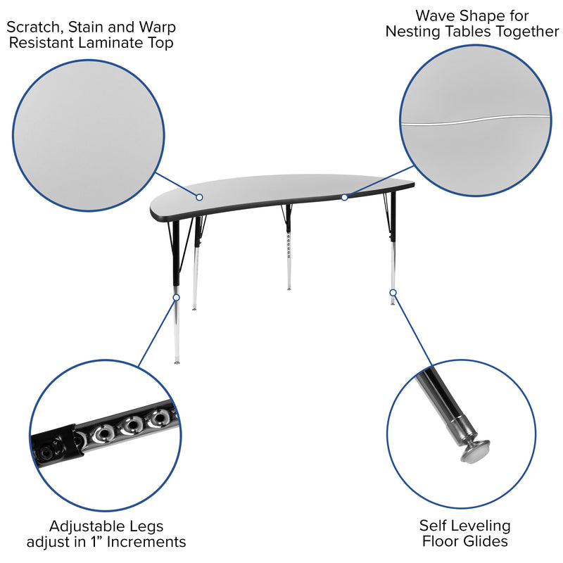 60" Half Circle Wave Flexible Collaborative Grey Thermal Laminate Activity Table - Standard Height Adjustable Legs