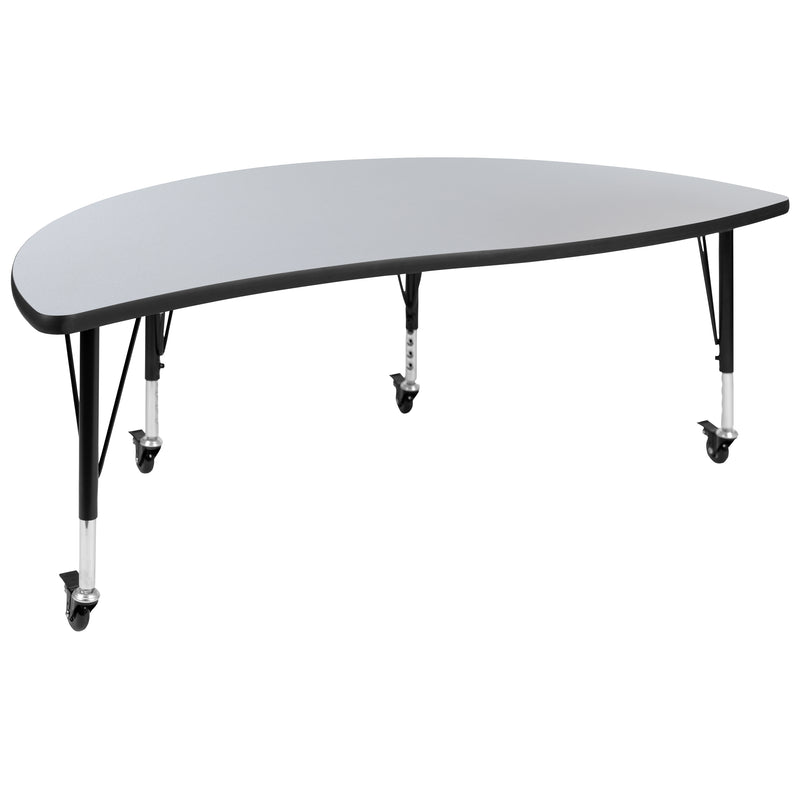 Mobile 60" Half Circle Wave Flexible Collaborative Grey Thermal Laminate Activity Table - Height Adjustable Short Legs