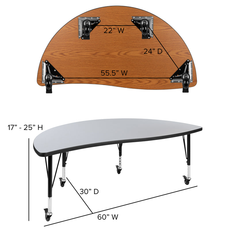 Mobile 60" Half Circle Wave Flexible Collaborative Grey Thermal Laminate Activity Table - Height Adjustable Short Legs