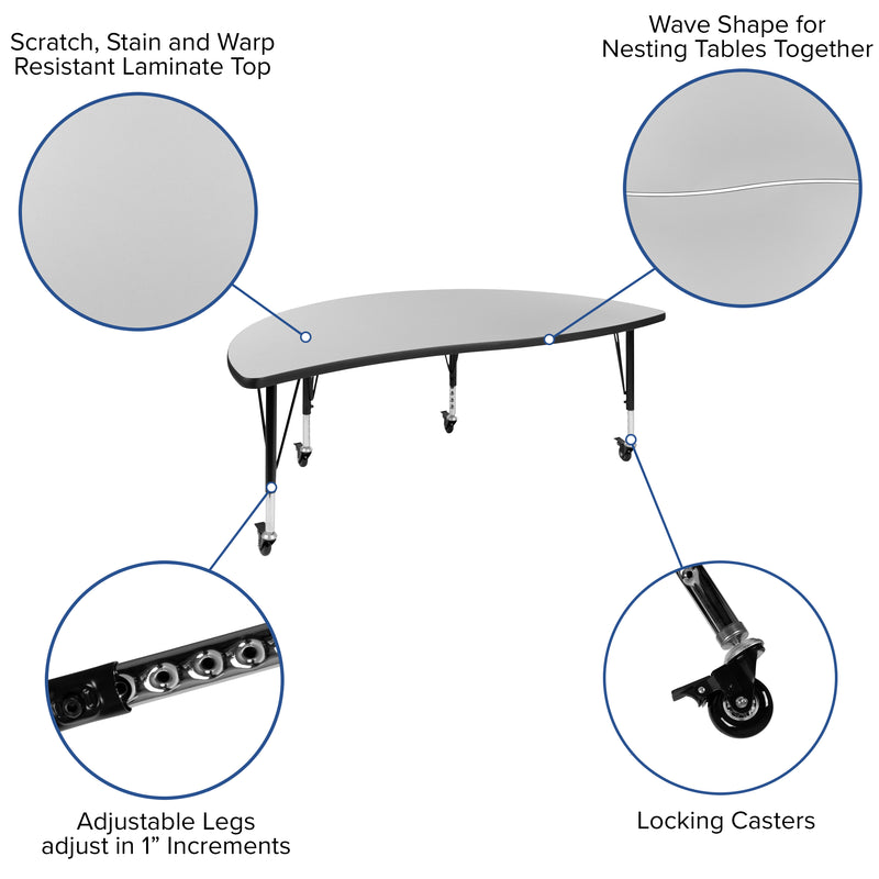 Mobile 60" Half Circle Wave Flexible Collaborative Grey Thermal Laminate Activity Table - Height Adjustable Short Legs