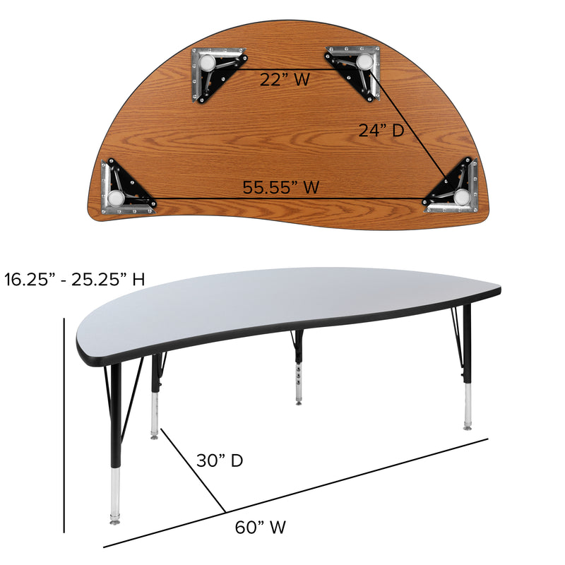 60" Half Circle Wave Flexible Collaborative Grey Thermal Laminate Activity Table - Height Adjustable Short Legs