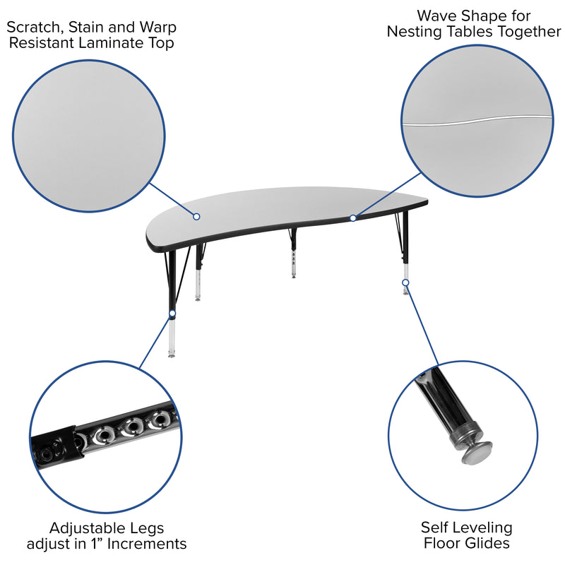 60" Half Circle Wave Flexible Collaborative Grey Thermal Laminate Activity Table - Height Adjustable Short Legs