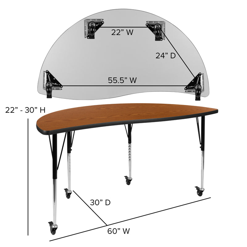 Mobile 60" Half Circle Wave Flexible Collaborative Oak Thermal Laminate Activity Table - Standard Height Adjustable Legs