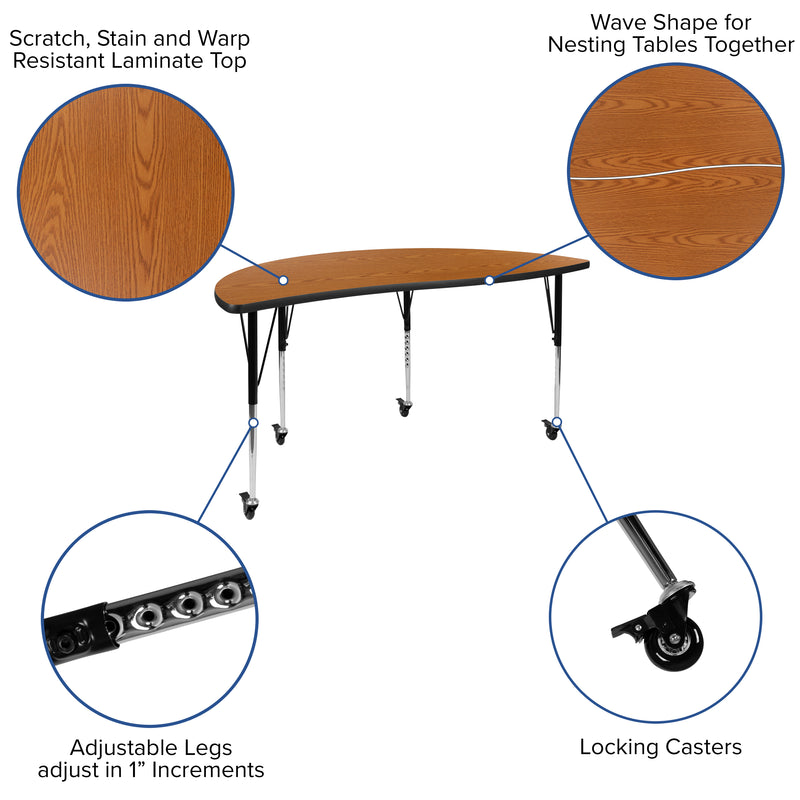 Mobile 60" Half Circle Wave Flexible Collaborative Oak Thermal Laminate Activity Table - Standard Height Adjustable Legs