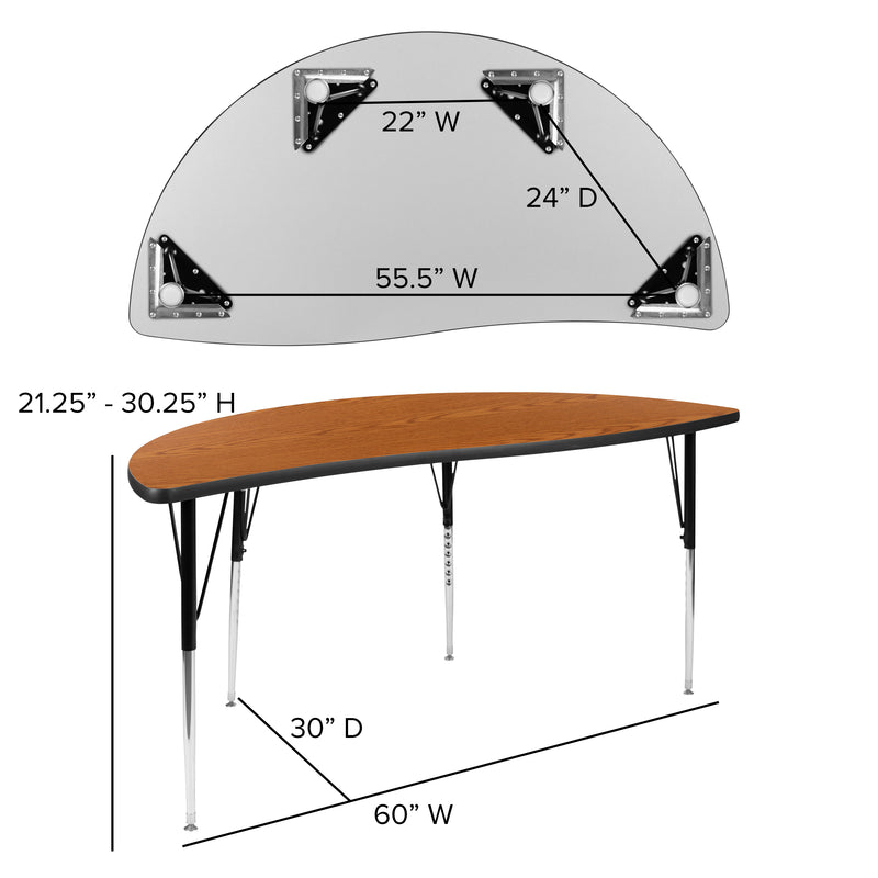 60" Half Circle Wave Flexible Collaborative Oak Thermal Laminate Activity Table - Standard Height Adjustable Legs